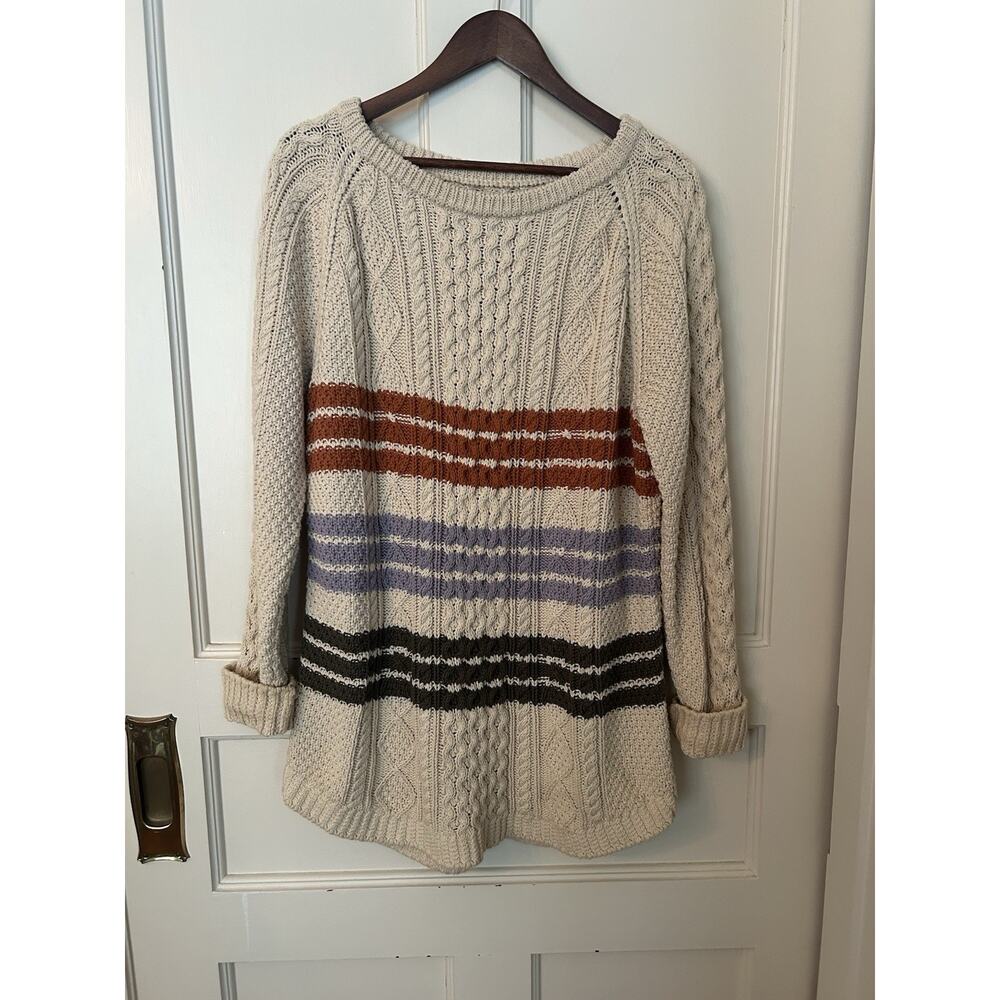 LL Bean Signature Cable Knit Fisherman Striped Sweater Womens Size Large Ivory